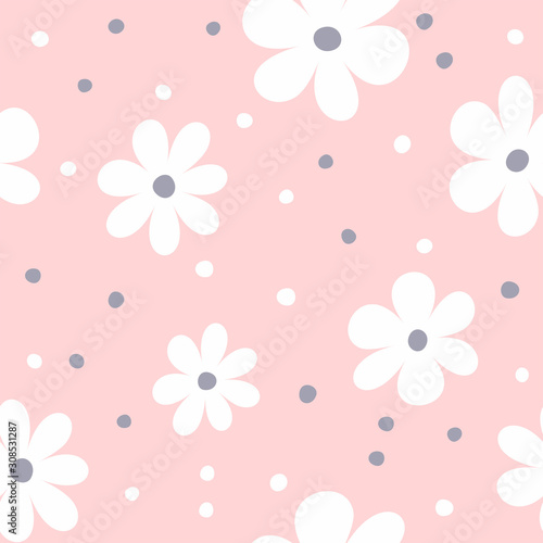 Simple girly seamless pattern with flowers and round spots. Repeated floral print. Vector illustration.