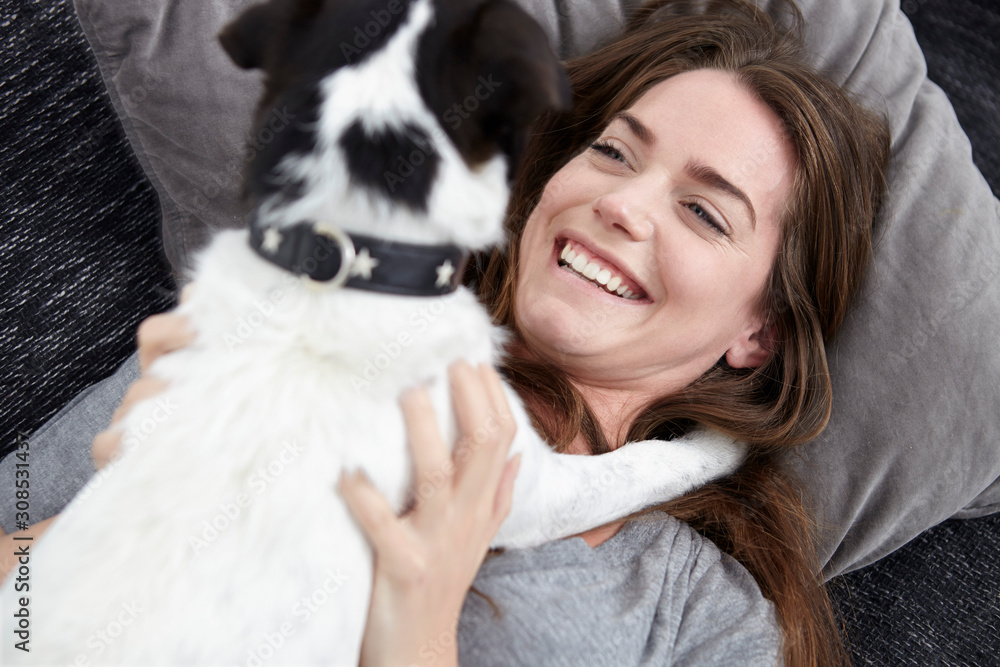 Young woman playing with dog on couch Young woman playing with dog on couch