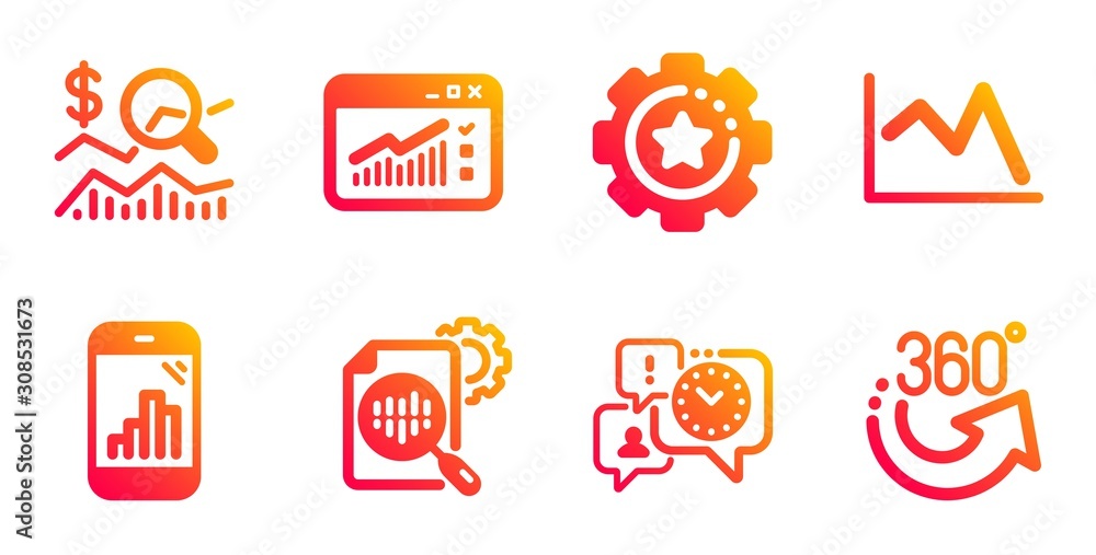 Graph phone, Time management and Seo stats line icons set. Check investment, Web traffic and Line chart signs. Settings gear, 360 degrees symbols. Mobile statistics, Office chat. Science set. Vector