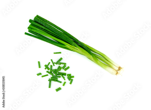 fresh green onion isolated on white background with clipping path. flat lay. top view.
