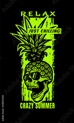 Pineapple skull, tee shirt graphics on a dark background. Vector illustration.