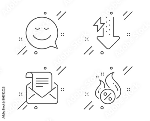 Energy drops, Smile and Mail newsletter line icons set. Hot loan sign. Power usage, Chat emotion, Open e-mail. Discount offer. Technology set. Line energy drops outline icon. Vector