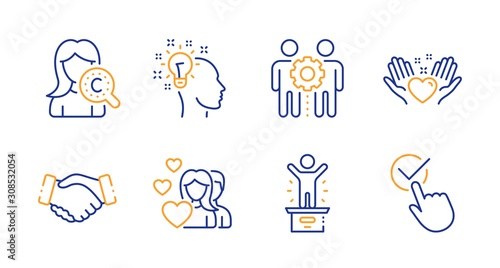 Hold heart, Collagen skin and Winner podium line icons set. Handshake, Couple and Idea signs. Employees teamwork, Checkbox symbols. Friendship, Skin care. People set. Line hold heart icon. Vector © blankstock