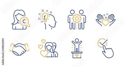 Hold heart, Collagen skin and Winner podium line icons set. Handshake, Couple and Idea signs. Employees teamwork, Checkbox symbols. Friendship, Skin care. People set. Line hold heart icon. Vector