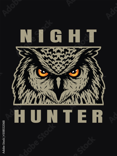 Night hunter, owl head T-shirt print design on a dark background. Vector illustration.