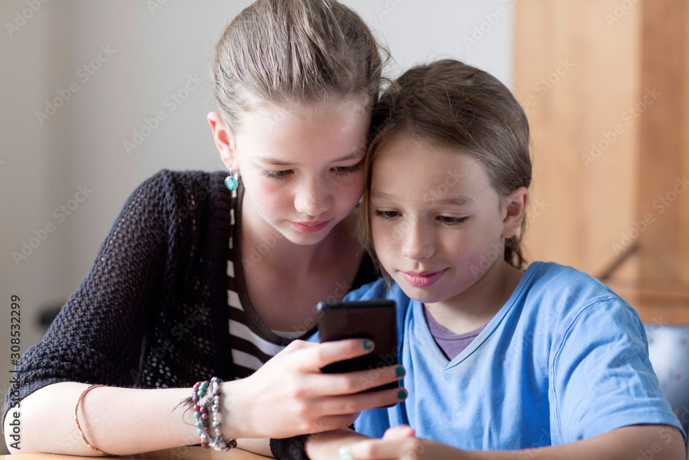 Portrait of brother and sister looking at smartphone at home Portrait of brother and sister looking at smartphone at home