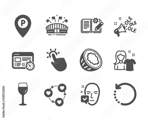 Set of Business icons, such as Face accepted, Sports arena, Web timer, Clean shirt, Recovery data, Engineering documentation, Wine glass, Ole chant, Parking, Touchpoint, Coconut. Vector