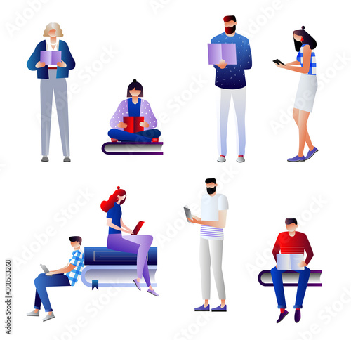 	 Collection of people reading or students studying and preparing for examination. Set of book lovers, readers, modern literature fans isolated on white background. vector illustration with character.
