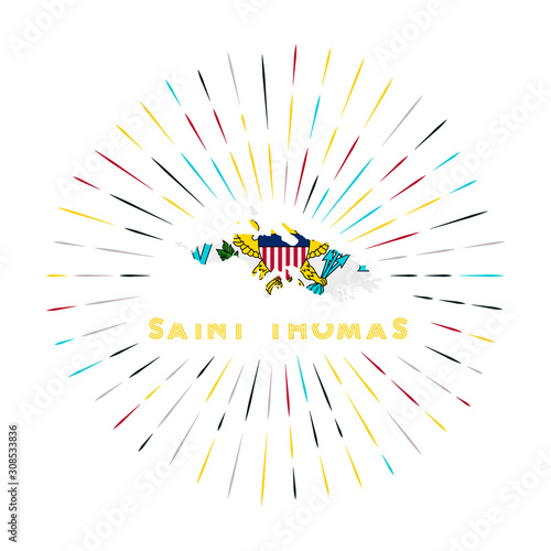 Saint Thomas sunburst badge. The island sign with a map of Saint Thomas with the Virgin Islander flag. Colorful rays around the logo. Vector illustration.