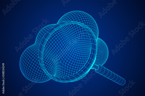 Cloud with magnifying glass. Concept of cloud computing service technology and search. Wireframe low poly mesh vector illustration