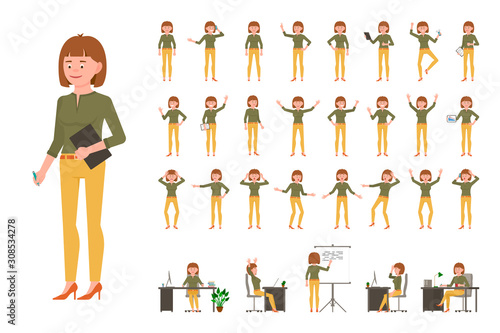 Cartoon character office business woman vector illustration. Flat style design smiling human worker lady person poses set on white background