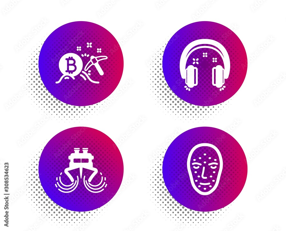 Headphones, Bitcoin mining and Ship icons simple set. Halftone dots button. Face biometrics sign. Earphones, Cryptocurrency pickaxe, Shipping watercraft. Facial recognition. Technology set. Vector