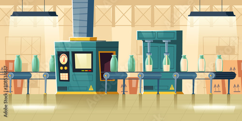 Milk factory interior, glass bottles on conveyor belt, cartoon vector illustration. Plant room with moving production line and glass packaging for dairy products on it, milk manufacture background