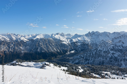 Alpine landscape with rocky mountains under blue sky in winter. Allgau Alps, Bavaria, Germany