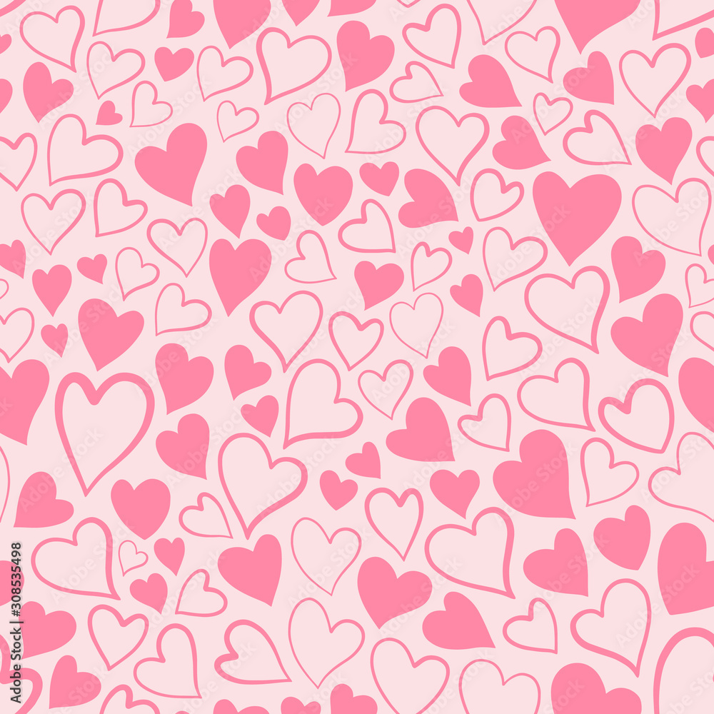 Romantic seamless pattern with cute images of hearts on a pink background. The style of children's drawing. Romantic seamless pattern with cute images of hearts on a pink background. The style of children's drawing.