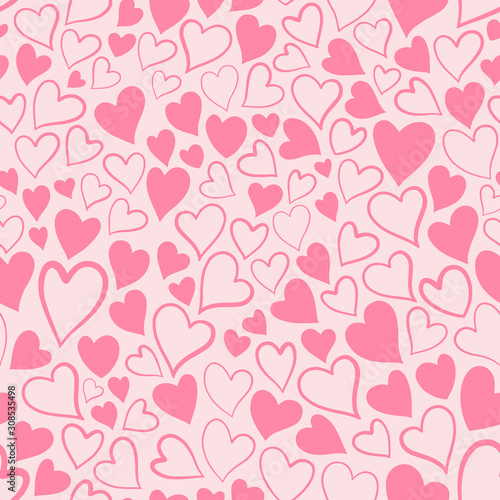 Romantic seamless pattern with cute images of hearts on a pink background. The style of children's drawing. © akrain