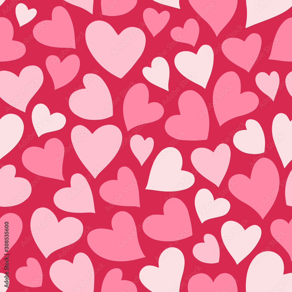 Romantic seamless pattern with cute images of hearts on a red background. The style of children's drawing.