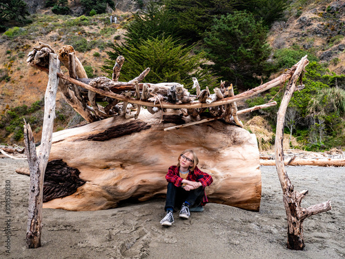 Tween boy sitting in driftwood structure at the beach photo