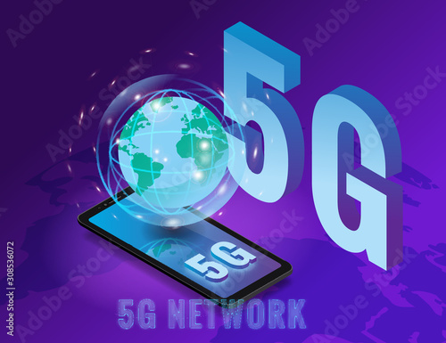 Isometric 5G network wireless technology template. Letters 5G smartphone with Earth planet