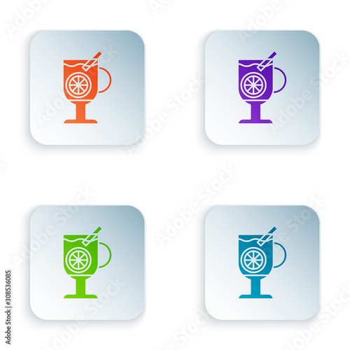 Color Mulled wine with glass of drink and ingredients icon isolated on white background. Cinnamon stick, clove, lemon slice. Set icons in square buttons. Vector Illustration