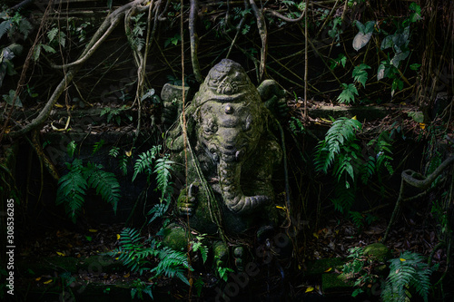 Statue of ganesh covered in moss and ferns in bali