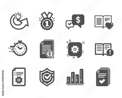 Set of Education icons, such as Payment received, Cogwheel, Timer, Handout, Financial documents, Facts, Confirmed, Graph chart, Technical documentation, Approved, Share idea, Love book. Vector