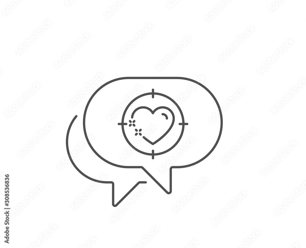 Heart target line icon. Chat bubble design. Love emotion aim sign. Valentine day symbol. Outline concept. Thin line heart target icon. Vector