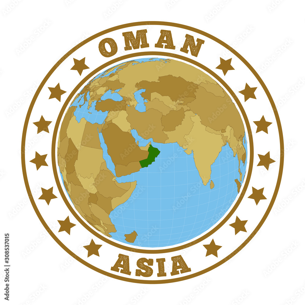 Oman logo. Round badge of country with map of Oman in world context. Country sticker stamp with globe map and round text. Vector illustration.