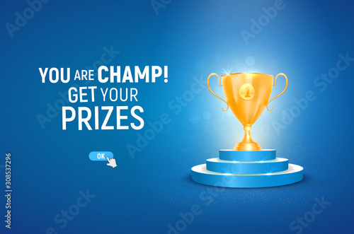 3d golden trophy cup on blue podium vector illustration. First place win on blue background. Winning in online game template