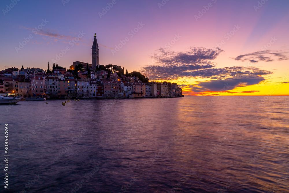 View of Old Town and Cathedral of St. Euphemia after sunset, Rovinj, Istria, Croatia, Adriatic View of Old Town and Cathedral of St. Euphemia after sunset, Rovinj, Istria, Croatia, Adriatic