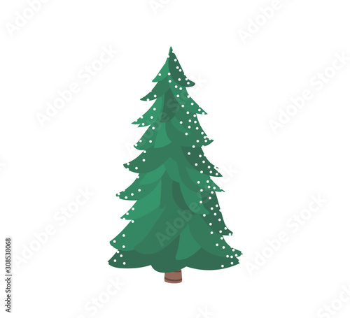 Fir tree with snow texture. Pine xmas vector illustration isolated on white background. Simple flat cartoon green spruce plant for christmas decorating