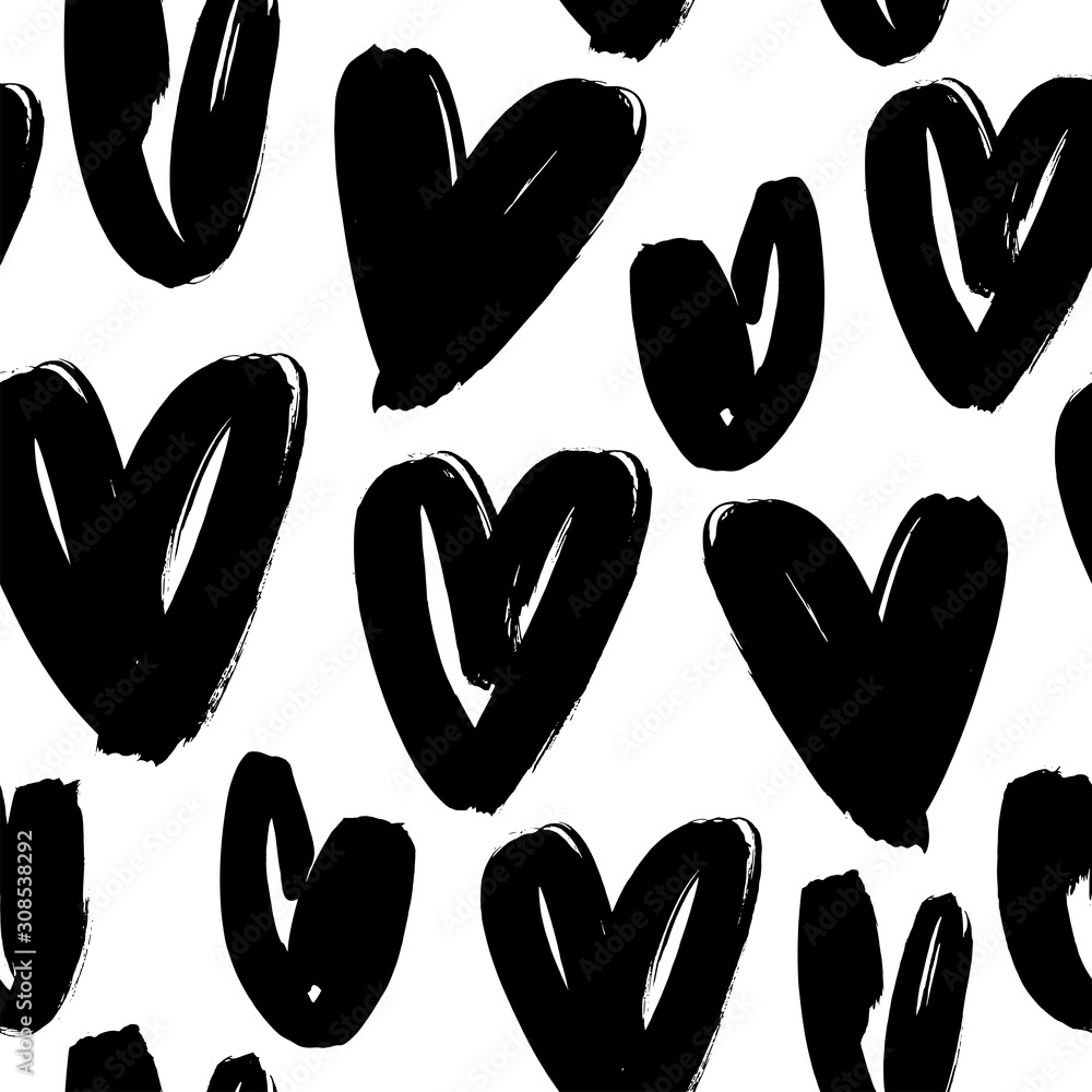 Black heart seamless pattern. Black and white ink brush hearts hand drawn ornament. Love symbols vector illustration. Black heart seamless pattern. Black and white ink brush hearts hand drawn ornament. Love symbols vector illustration.