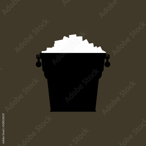 Silhouette small metal bucket with pile square ice cubes. Pail with white ice. Icon. 