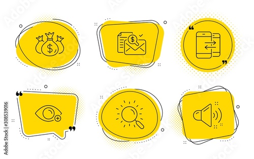 Check investment, Phone communication and Loud sound signs. Chat bubbles. Farsightedness, Accounting report and Search line icons set. Eye vision, Check finance, Find document. Business report. Vector