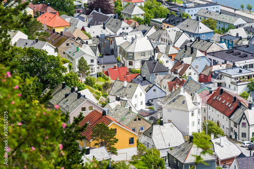 Roofs of Art Nouveau buildings from above, Alesund, Norway photo