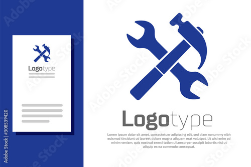 Blue Crossed hammer and wrench icon isolated on white background. Hardware tools. Logo design template element. Vector Illustration