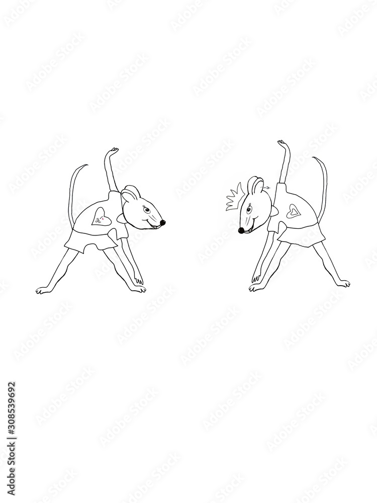 Obraz premium Set of yoga mice on a white background - Fantasy character. Symbol of 2020. Outline drawing of a yoga mouse (rat), coloring page. Seamless pattern for printing on fabric, wrapping paper, postcard, pac