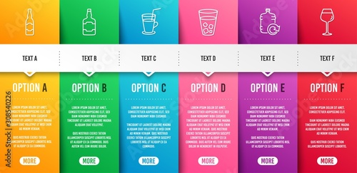 Beer bottle, Refill water and Cocktail line icons set. Infographic timeline. Whiskey bottle, Ice tea and Bordeaux glass signs. Craft beer, Fresh beverage, Scotch alcohol. Soda beverage. Vector