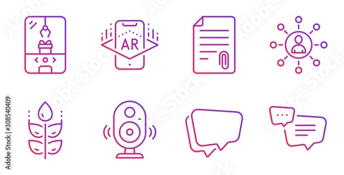 Networking, Gluten free and Speech bubble line icons set. Augmented reality, Attachment and Crane claw machine signs. Speaker, Text message symbols. Business communication, Bio ingredients. Vector