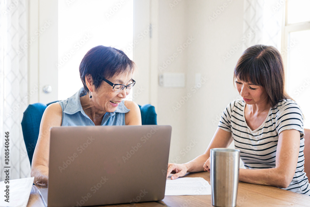 Daughter Helping Mother With Computer Work at Home Daughter Helping Mother With Computer Work at Home