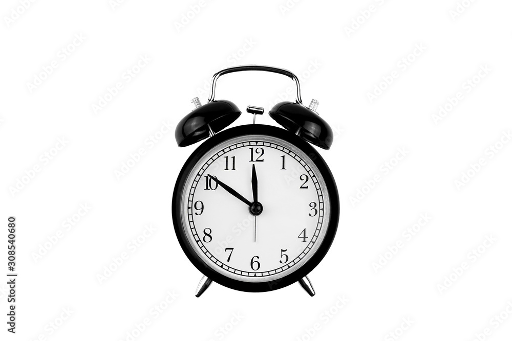 alarm clock black with a white dial on an isolated white background alarm clock black with a white dial on an isolated white background