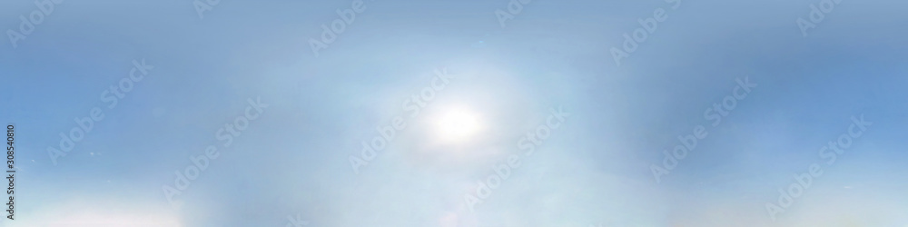 clear blue sky with halo sun. Seamless hdri panorama 360 degrees angle view with zenith for use in 3d graphics or game development as sky dome or edit drone shot