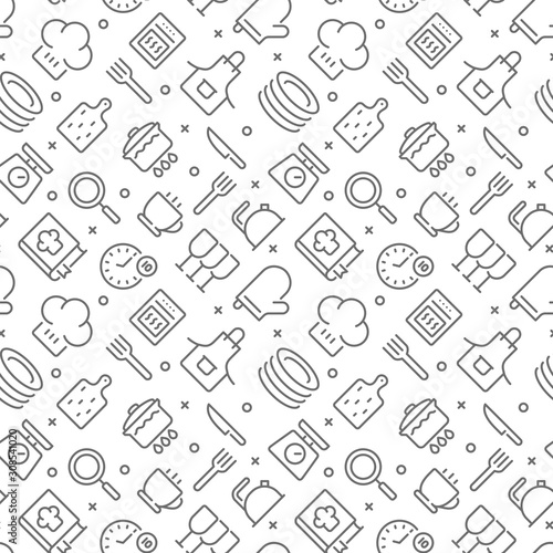 Cooking and kitchen related seamless pattern with outline icons