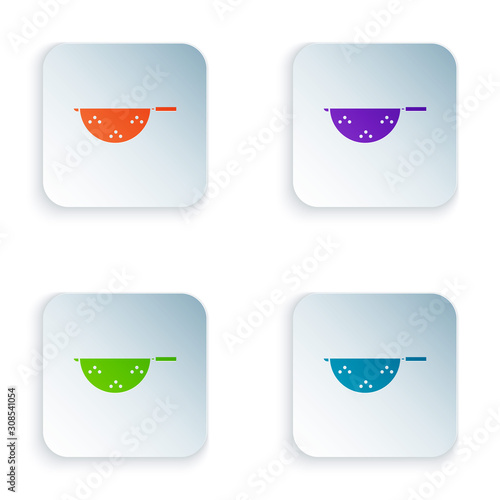 Color Kitchen colander icon isolated on white background. Cooking utensil. Cutlery sign. Set icons in square buttons. Vector Illustration
