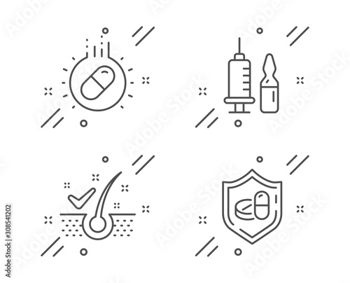 Anti-dandruff flakes, Capsule pill and Medical vaccination line icons set. Medical tablet sign. Healthy hair, Medicine drugs, Syringe vaccine. Medicine pill. Healthcare set. Vector