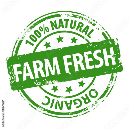 Farm Fresh 100% Natural Organic green rubber stamp icon isolated on white background. Eco Bio food.