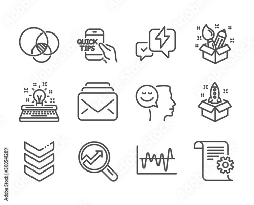 Set of Education icons, such as Euler diagram, Typewriter, Analytics, Technical documentation, Lightning bolt, Education, Shoulder strap, Stock analysis, Mail, Creativity, Good mood. Vector