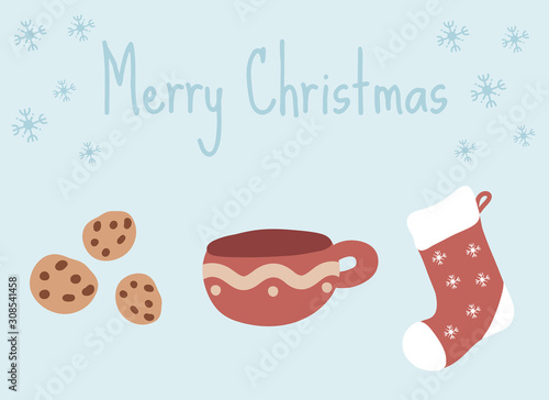 Merry Christmas Greeting Card. Christmas cookies, hot drink and Christmas stocking. Hand drawn illustration.