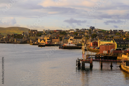 Lerwick, elevated view from the sea, morning light, Lerwick, Mainland, Shetland Isles, Scotland photo