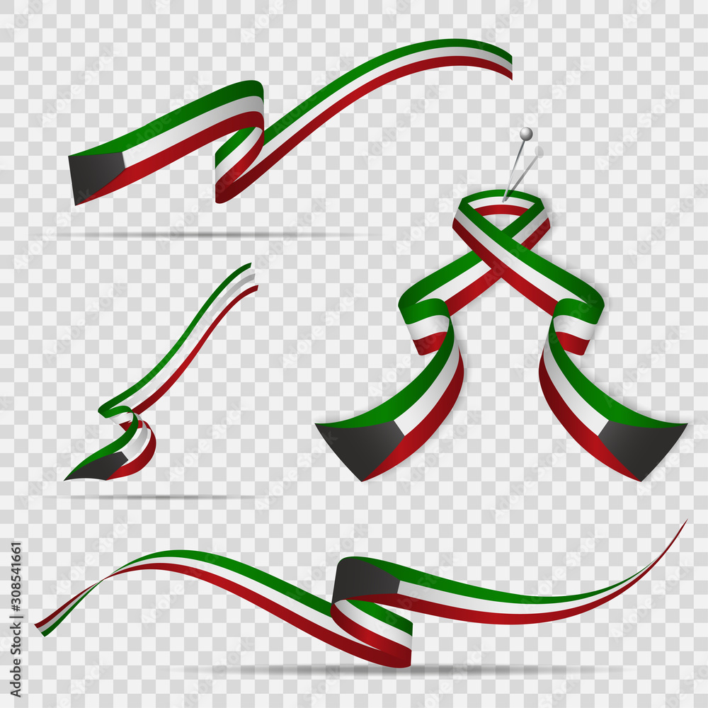 Flag of Kuwait. 25th of February. Set of realistic wavy ribbons in